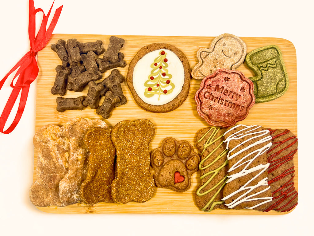 Bamboo Cutting Board with a severity of dog treats. 